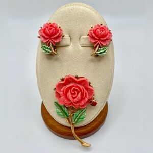 Vintage JJ Jonette Faux Coral Rose w/Ladybug Brooch Earrings Set Cottagecore